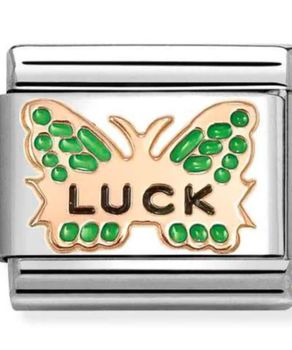 Charms NOMINATION 9K Zielony motyl z napisem LUCK Rose Gold.jpg